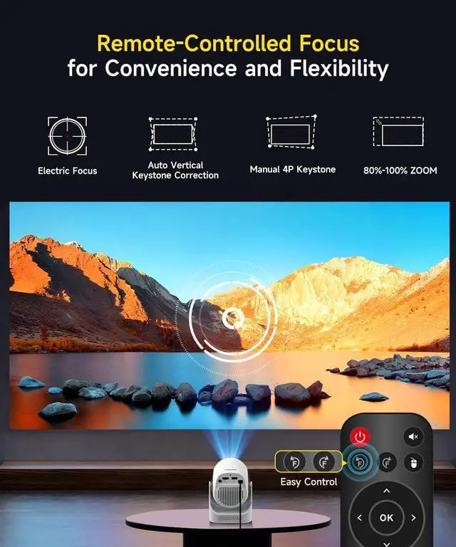 Alt view image 2 of 7 - Electric FocusProjector with WiFi 6 and Bluetooth 5.0, Mini Portable Native 720P with 4K Support, Smart Proyector Built in Android 11, Auto Vertical Keystone, Home Movie Projectors for Outdoor