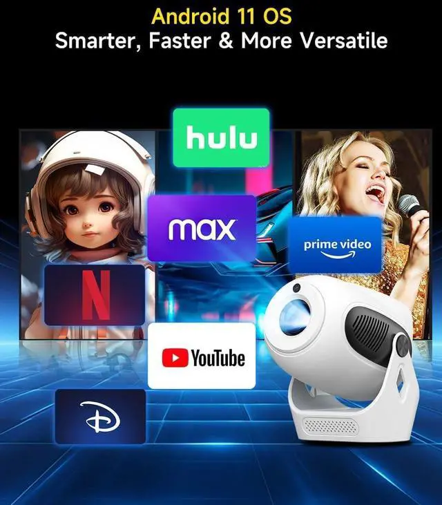 Alt view image 3 of 7 - Electric FocusProjector with WiFi 6 and Bluetooth 5.0, Mini Portable Native 720P with 4K Support, Smart Proyector Built in Android 11, Auto Vertical Keystone, Home Movie Projectors for Outdoor