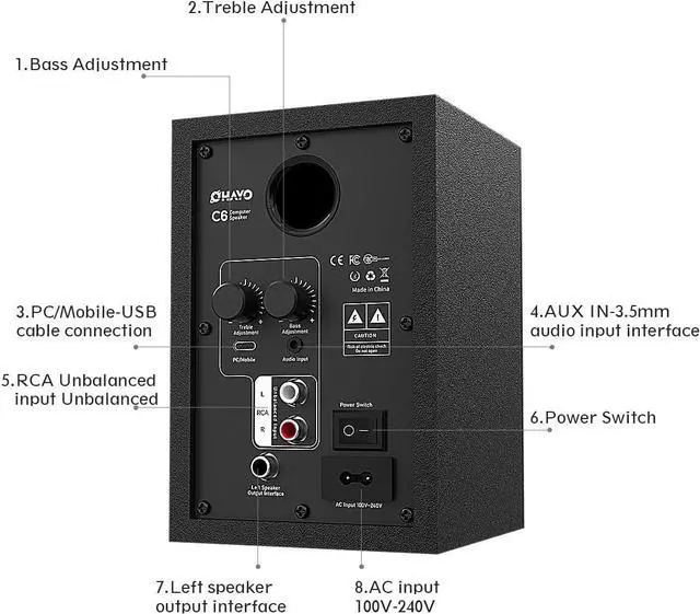 Alt view image 7 of 7 - OHAYO 60W Computer Speakers for Music and Gaming, Active Bluetooth 5.3, Stereo 2.0 Speakers for Desktop PC or Laptop, 3.5mm Aux RCA Input, USB-Powered, 1 Pair, Black