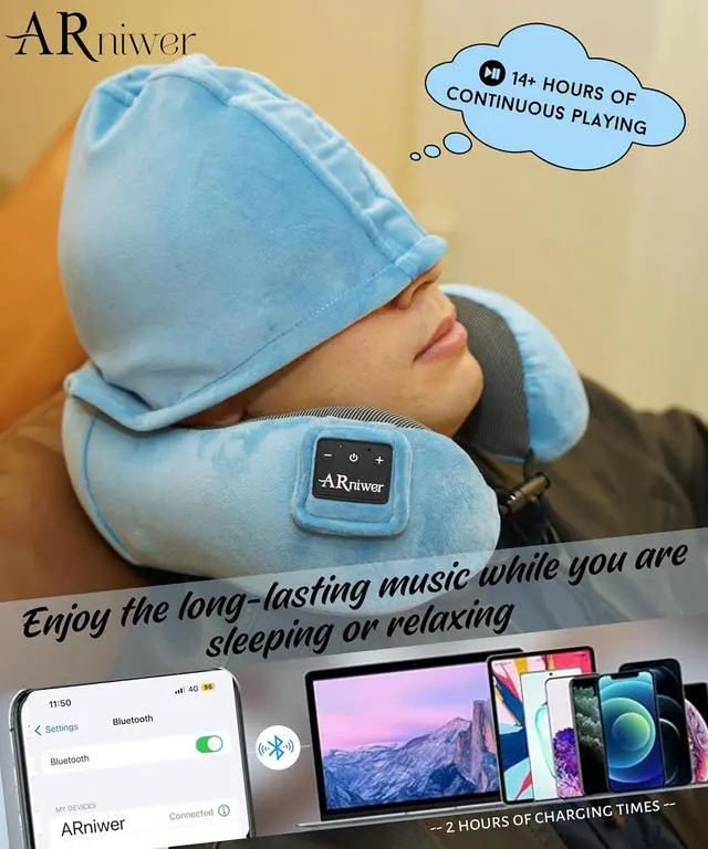 Alt view image 4 of 6 - Bluetooth Music Semicircular Neck Pillow with Hood Wireless Bluetooth Speaker Suitable Airplane,Car,Office,and Outdoor Camping for Sleeping, Resting The Best Travel Essentials. (Pink)