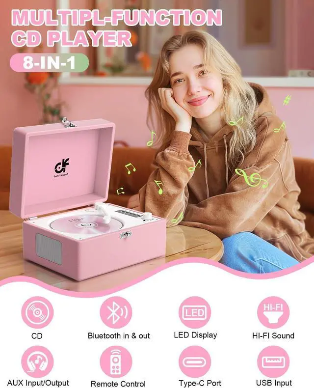 Alt view image 2 of 7 - CD Player with Stereo Speakers, Wireless Bluetooth Input/Output Transmission, Rechargeable Battery, USB Retro CD Player Desktop for Home Party Decorations - Pink