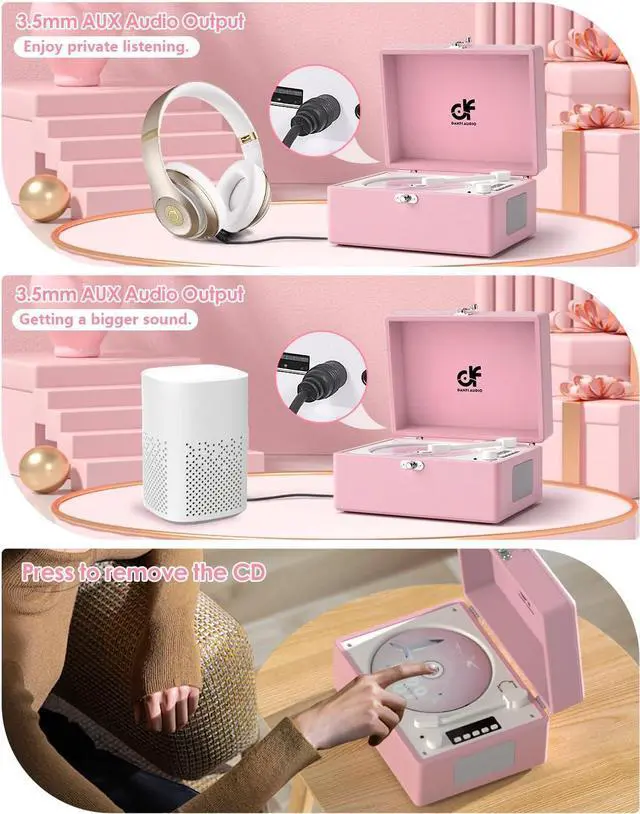 Alt view image 3 of 7 - CD Player with Stereo Speakers, Wireless Bluetooth Input/Output Transmission, Rechargeable Battery, USB Retro CD Player Desktop for Home Party Decorations - Pink