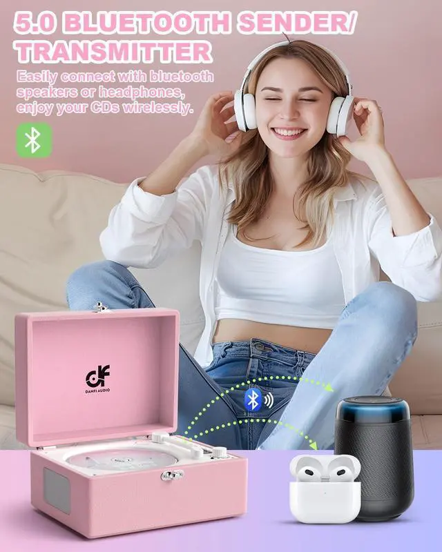 Alt view image 4 of 7 - CD Player with Stereo Speakers, Wireless Bluetooth Input/Output Transmission, Rechargeable Battery, USB Retro CD Player Desktop for Home Party Decorations - Pink