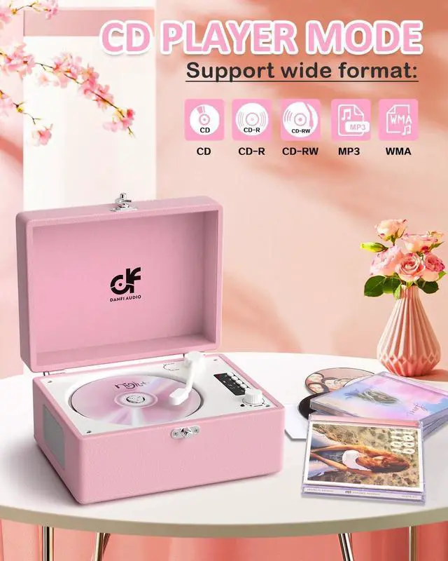 Alt view image 5 of 7 - CD Player with Stereo Speakers, Wireless Bluetooth Input/Output Transmission, Rechargeable Battery, USB Retro CD Player Desktop for Home Party Decorations - Pink