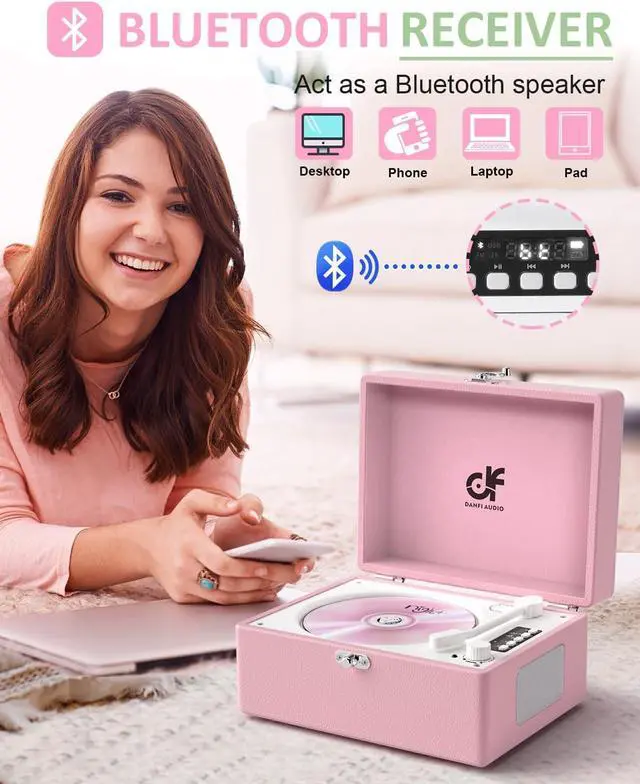 Alt view image 6 of 7 - CD Player with Stereo Speakers, Wireless Bluetooth Input/Output Transmission, Rechargeable Battery, USB Retro CD Player Desktop for Home Party Decorations - Pink