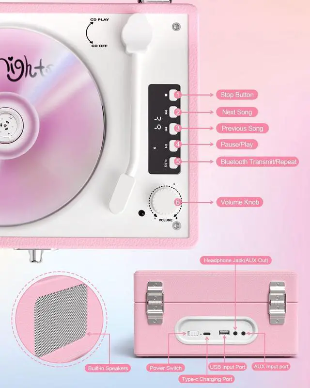 Alt view image 7 of 7 - CD Player with Stereo Speakers, Wireless Bluetooth Input/Output Transmission, Rechargeable Battery, USB Retro CD Player Desktop for Home Party Decorations - Pink