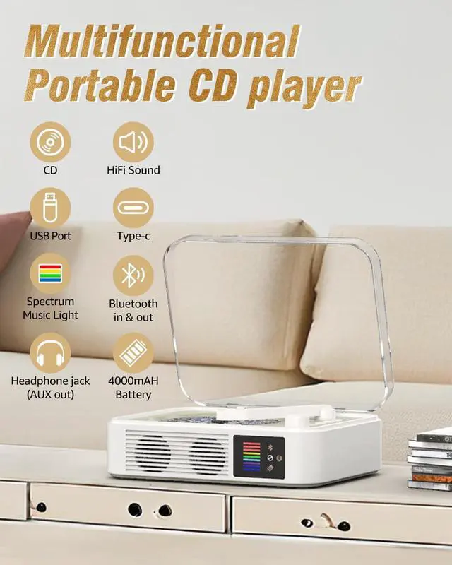 Alt view image 2 of 7 - CD Player Portable Bluetooth LED Desktop Retro CD Players for Home with Speakers Rechargeble Battery Small Compact Vintage CD Player with Bluetooth Out & Input, USB, AUX Out, Remote Control