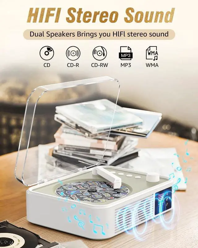 Alt view image 3 of 7 - CD Player Portable Bluetooth LED Desktop Retro CD Players for Home with Speakers Rechargeble Battery Small Compact Vintage CD Player with Bluetooth Out & Input, USB, AUX Out, Remote Control