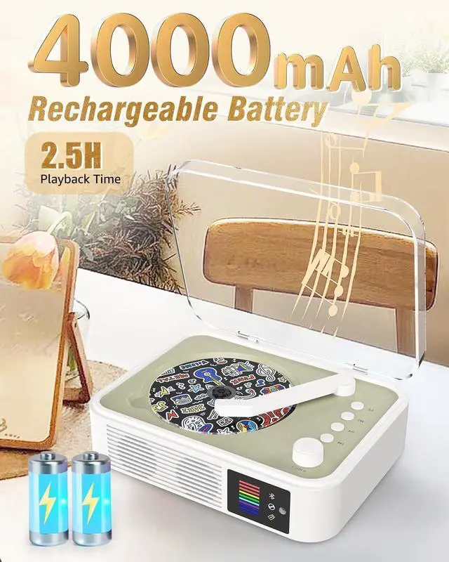 Alt view image 5 of 7 - CD Player Portable Bluetooth LED Desktop Retro CD Players for Home with Speakers Rechargeble Battery Small Compact Vintage CD Player with Bluetooth Out & Input, USB, AUX Out, Remote Control