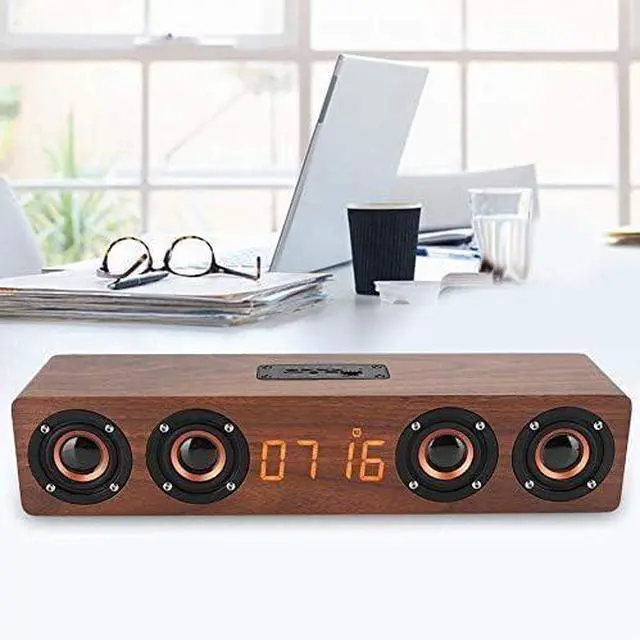 Alt view image 3 of 3 - Portable Stereo Wooden Soundbar, 20W Bluetooth Speaker, Rechargeable Bass Effect, with LED Digital Display, Alarm Clock and FM Radio, for Home Travel Party