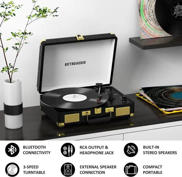 Alt view image 3 of 7 - Vinyl Record Player 3-Speed Bluetooth Portable Suitcase Belt-Driven Record Player with 2 Built-in Stereo Speakers Vinyl Vintage Turntable Phonograph Records Player with RCA Line Out, AUX Out