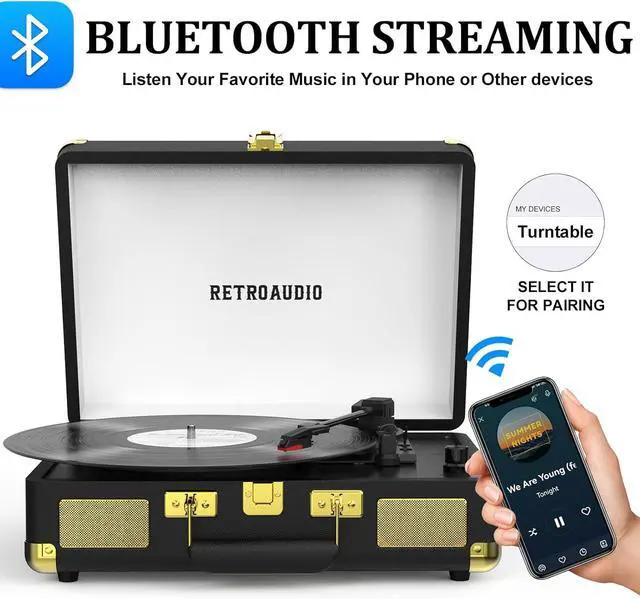 Alt view image 2 of 7 - Vinyl Record Player 3-Speed Bluetooth Portable Suitcase Belt-Driven Record Player with 2 Built-in Stereo Speakers Vinyl Vintage Turntable Phonograph Records Player with RCA Line Out, AUX Out