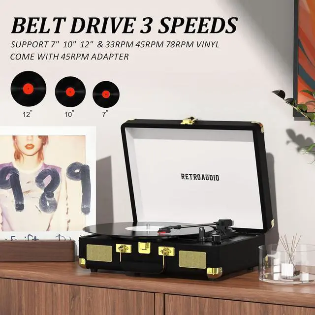 Alt view image 4 of 7 - Vinyl Record Player 3-Speed Bluetooth Portable Suitcase Belt-Driven Record Player with 2 Built-in Stereo Speakers Vinyl Vintage Turntable Phonograph Records Player with RCA Line Out, AUX Out