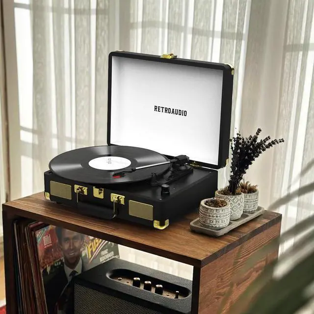 Alt view image 6 of 7 - Vinyl Record Player 3-Speed Bluetooth Portable Suitcase Belt-Driven Record Player with 2 Built-in Stereo Speakers Vinyl Vintage Turntable Phonograph Records Player with RCA Line Out, AUX Out