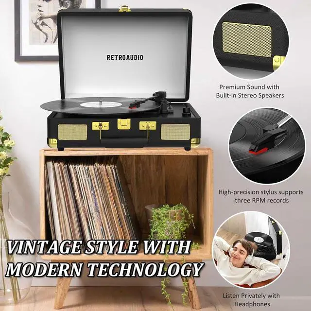 Alt view image 5 of 7 - Vinyl Record Player 3-Speed Bluetooth Portable Suitcase Belt-Driven Record Player with 2 Built-in Stereo Speakers Vinyl Vintage Turntable Phonograph Records Player with RCA Line Out, AUX Out