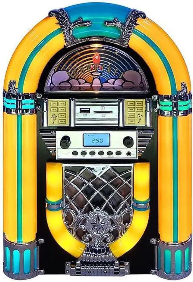 Alt view image 2 of 7 - Arkrocket Athena Mini Jukebox/Tabletop CD Player/Bluetooth Speaker/Radio/USB and SD Card Player with Retro LED Lighting System (Yellow Green)