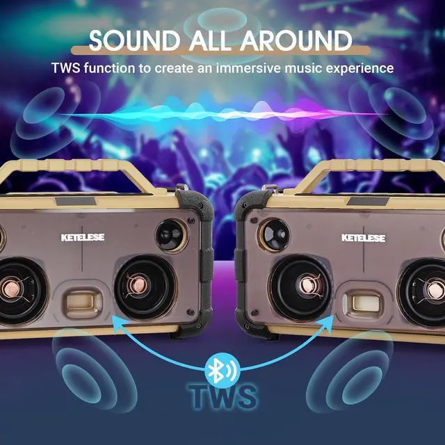 Alt view image 7 of 7 - Unique CD Player with 4 Glass Diaphragms Speakers, Portable Bluetooth Speaker Powerful Sound, FM Radio/AUX Audio/24H Playtime/ 2 Huge LED Lights/TF Card Slot, for Outdoor/Backyard/Party/Gift