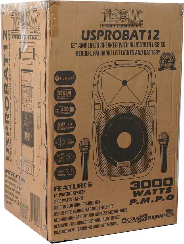 Alt view image 2 of 7 - ABSOLUTE USA USPROBAT12. Portable 12" Speaker 3000 Watts PA System Wireless Mic Bluetooth