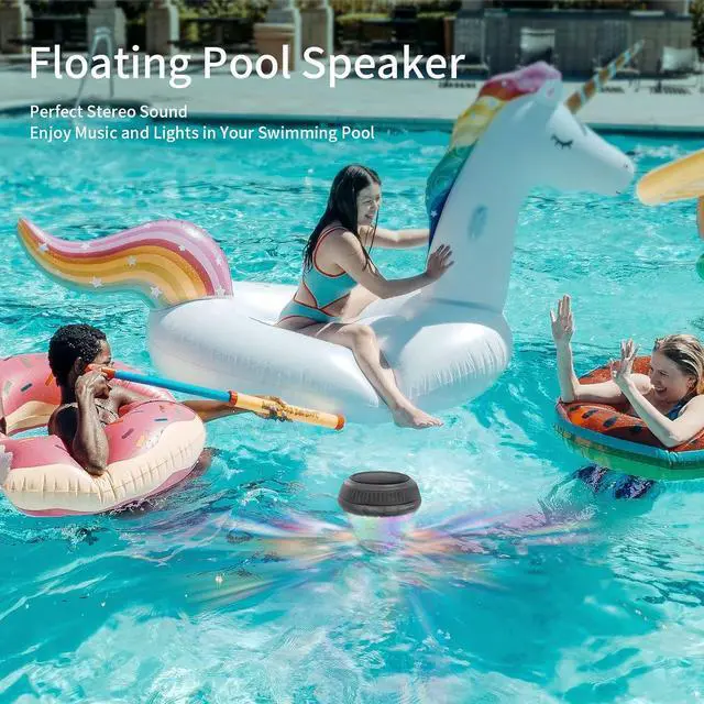 Alt view image 2 of 6 - Portable Bluetooth Pool Speaker with Colorful Lights, IPX7 Waterproof Floating Hot Tub Speaker, 360° Loud Stereo Sound, TWS, Type-C/Wireless/Solar Charging, for Pool Shower Travel