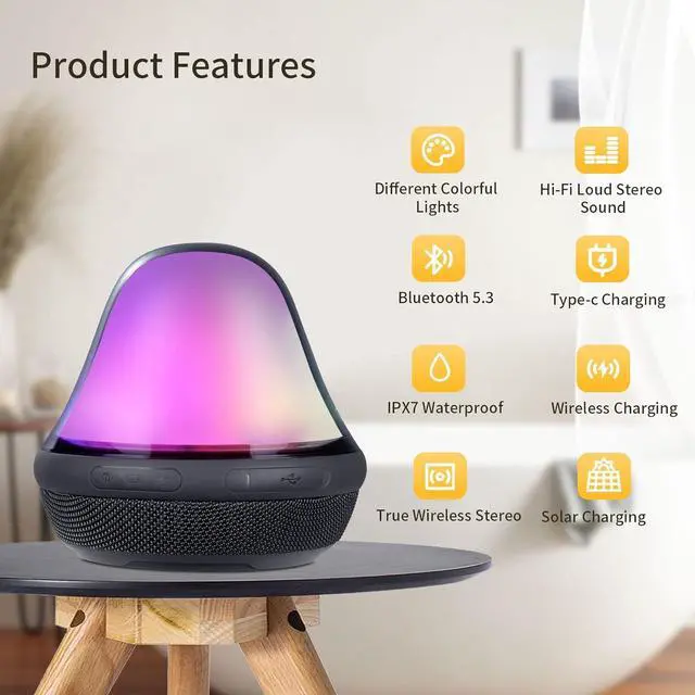 Alt view image 3 of 6 - Portable Bluetooth Pool Speaker with Colorful Lights, IPX7 Waterproof Floating Hot Tub Speaker, 360° Loud Stereo Sound, TWS, Type-C/Wireless/Solar Charging, for Pool Shower Travel