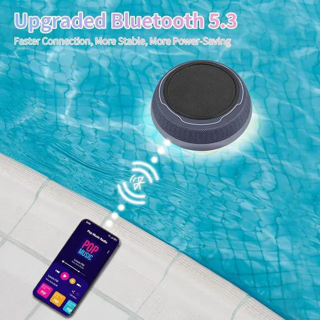 Alt view image 5 of 6 - Portable Bluetooth Pool Speaker with Colorful Lights, IPX7 Waterproof Floating Hot Tub Speaker, 360° Loud Stereo Sound, TWS, Type-C/Wireless/Solar Charging, for Pool Shower Travel