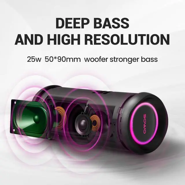 Alt view image 6 of 7 - Portable Speaker, Wireless Bluetooth Speaker, IPX7 Waterproof, 25W Loud Stereo Sound, Bassboom Technology,Built-in Mic, 16H Playtime with Lights for Home Outdoor