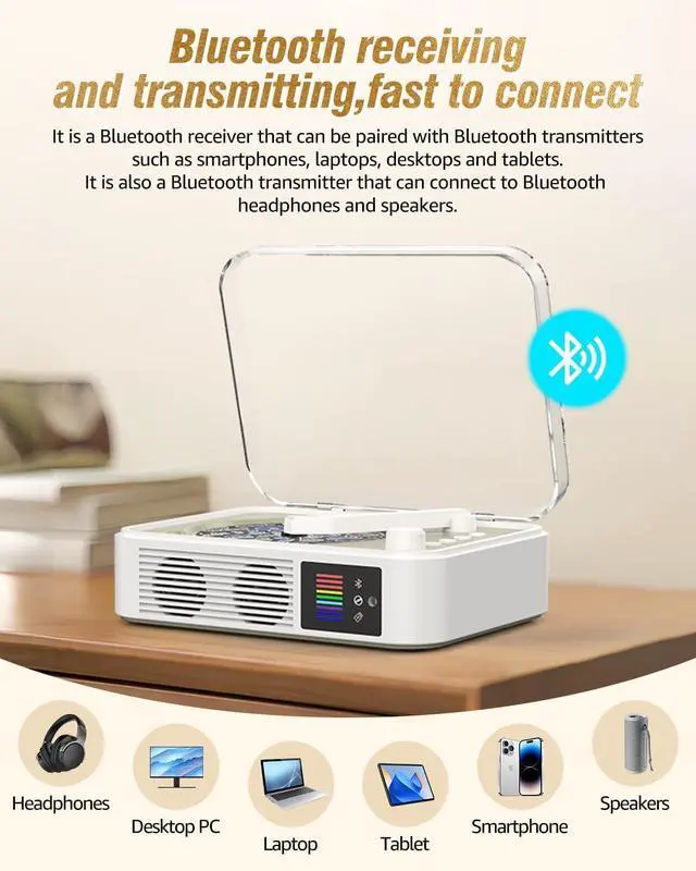 Alt view image 4 of 7 - CD Player Portable Bluetooth LED Desktop Retro CD Players for Home with Speakers Rechargeble Battery Small Compact Vintage CD Player with Bluetooth Out & Input, USB, AUX Out, Remote Control