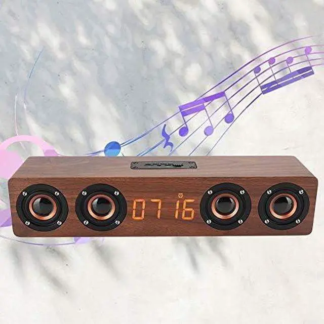 Alt view image 2 of 3 - Portable Stereo Wooden Soundbar, 20W Bluetooth Speaker, Rechargeable Bass Effect, with LED Digital Display, Alarm Clock and FM Radio, for Home Travel Party
