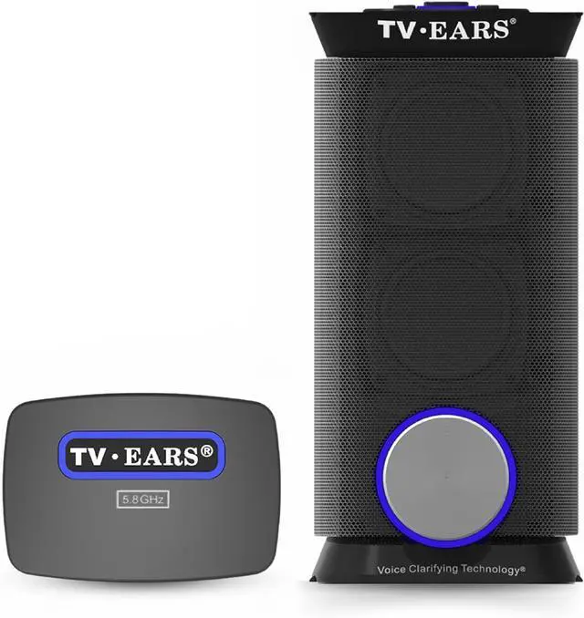 Main image of TV · EARS Wireless Speaker System for TV 5.8 GHz, Voice-Clarifying Speaker & Dual USB Charging, Long Range & Portable Entertainment System, Noise Cancellation & Works w/o Wi-Fi, Black