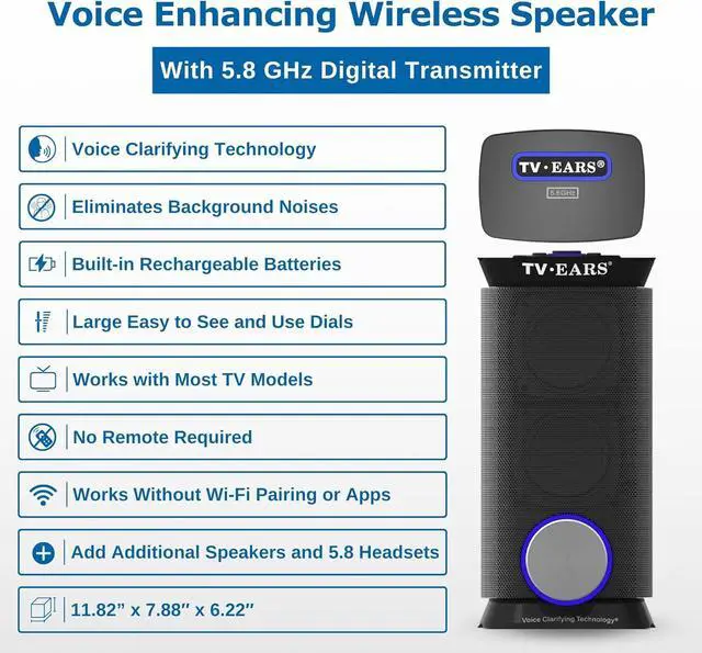 Alt view image 2 of 6 - TV · EARS Wireless Speaker System for TV 5.8 GHz, Voice-Clarifying Speaker & Dual USB Charging, Long Range & Portable Entertainment System, Noise Cancellation & Works w/o Wi-Fi, Black