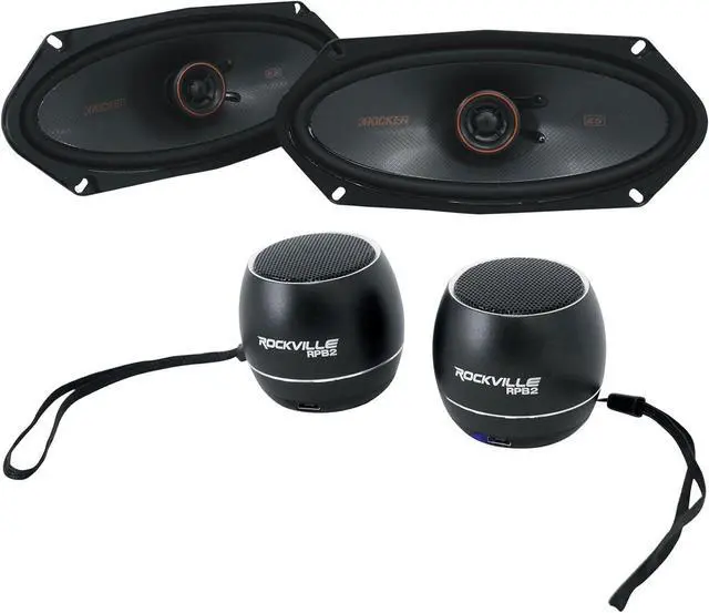 Main image of Audiosavings Bundle: (1) Pair Kicker 51KSC41004 4x10 75 Watt RMS Car Audio Speakers KSC41004 KSC4100 Bundle with (1) Pair RV RPB3-BLACK Handheld Wireless Linking Portable Bluetooth Speakers (Items 4)