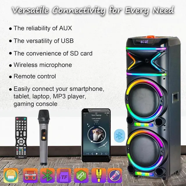 Alt view image 4 of 7 - AL-212 Wireless Bluetooth Speaker with LED Lighting - Portable Speaker with Dual 12'' of Blazing Power - High-Fidelity Sound - 10M(33ft) Wireless Range,for Home/Party/Outdoor,Gift