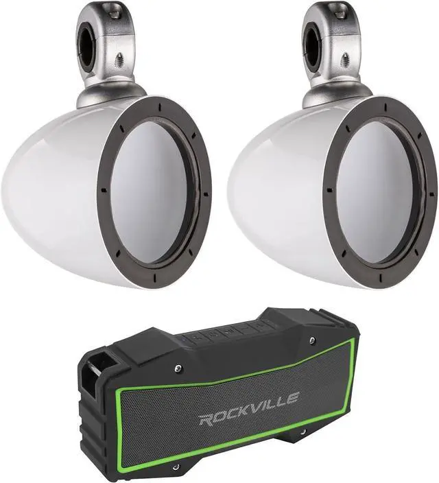 Main image of Audiosavings Bundle: (1) Pair Kicker 40KMMTESW 4" Mini Marine Tower Enclosures in White Bundle with (1) Rockville Rock Everywhere Portable Bluetooth Speaker/Waterproof/Wireless Link (Items 3)