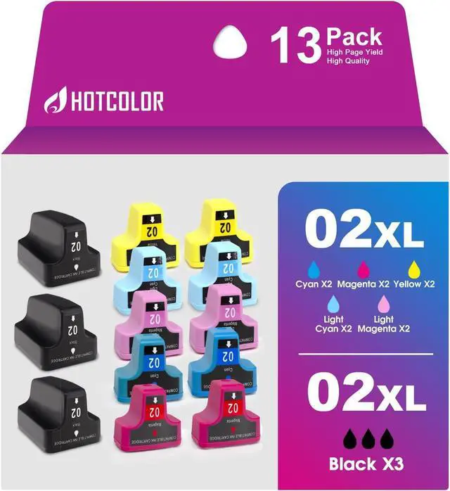 Main image of HOTCOLOR Remanufactured for hp 02 Ink Cartridges Replacement for HP C6280 Ink cartridges Photosmart c7250 Ink C7200 C7280 8250 C6180 C5280 Printer (3BK/2C/2M/2Y/2LC/2LM, 13-Pack)