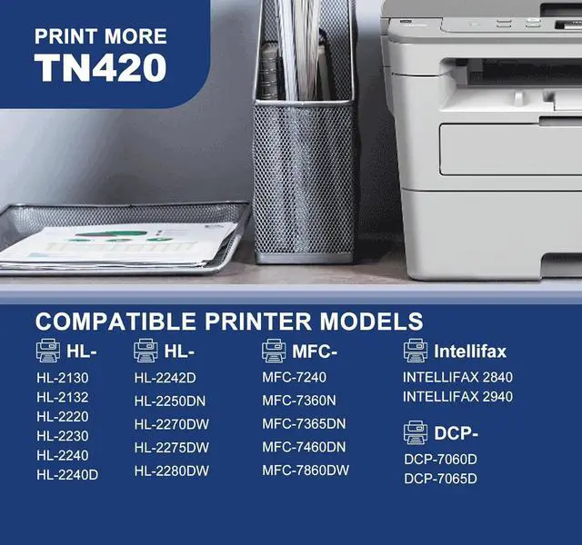 Alt view image 2 of 7 - TN420 TN450 Black Toner Cartridge High Yield 2 Pack Replacement for Brother TN-420 TN-450 TN 420 TN 450 DCP-7060D 7065DN HL-2230 2240 2270DW 2280DW Intellifax 2840 2940 MFC-7360N 7860DW Printer Toner