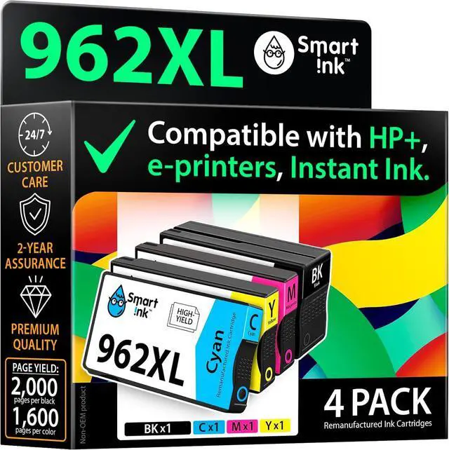 Main image of Smart Ink Remanufactured Ink Cartridges Replacement for HP 962 XL 962XL 4 Combo Pack (Black, Cyan, Magenta, Yellow) to use with OfficeJet Pro 9010e 9012e 9015e 9022e 9025e 9028e 9010 9015 9020 9025