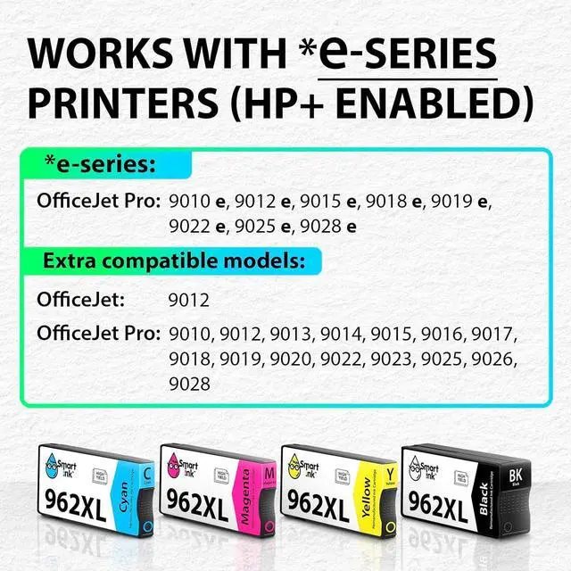 Alt view image 2 of 7 - Smart Ink Remanufactured Ink Cartridges Replacement for HP 962 XL 962XL 4 Combo Pack (Black, Cyan, Magenta, Yellow) to use with OfficeJet Pro 9010e 9012e 9015e 9022e 9025e 9028e 9010 9015 9020 9025