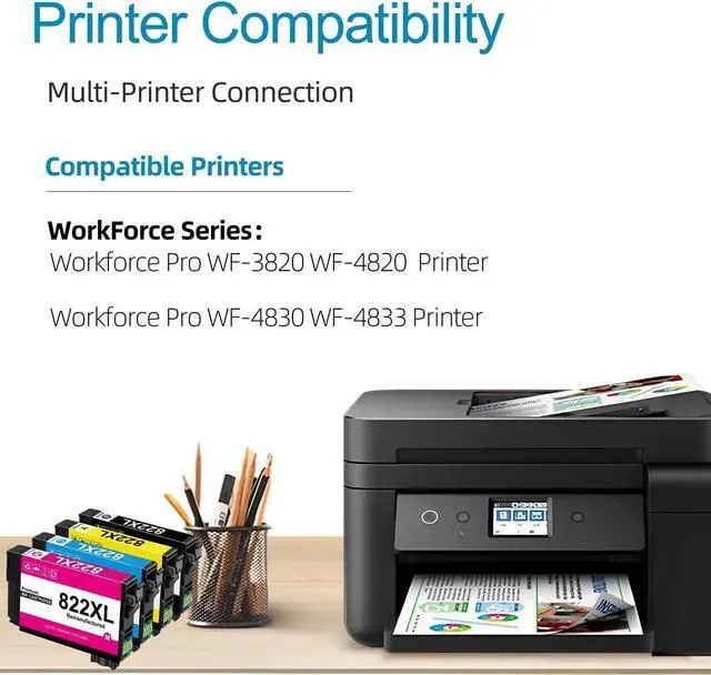 Alt view image 2 of 7 - 822XL Remanufactured for Epson 822XL Ink Cartridges Combo Pack for 822 T822XL for Workforce Pro WF-3820 WF-3823 WF-4820 WF-4830 WF-4833 WF-4834 Printer 5-Pack(2 Black 1 Cyan 1 Magenta 1 Yellow)