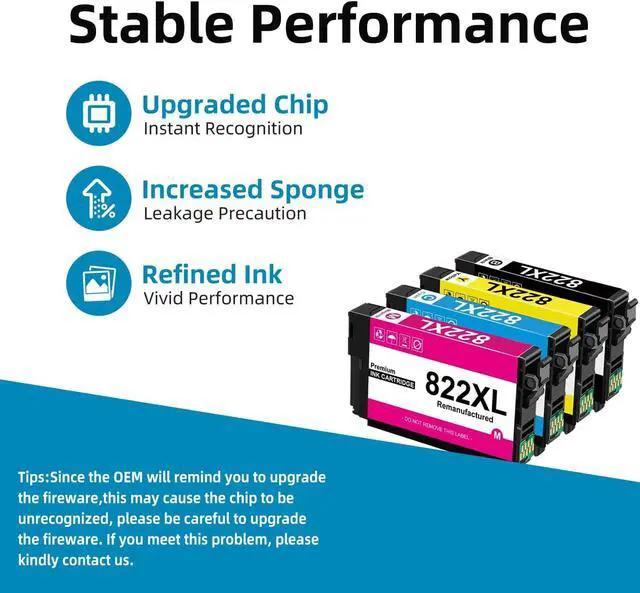 Alt view image 4 of 7 - 822XL Remanufactured for Epson 822XL Ink Cartridges Combo Pack for 822 T822XL for Workforce Pro WF-3820 WF-3823 WF-4820 WF-4830 WF-4833 WF-4834 Printer 5-Pack(2 Black 1 Cyan 1 Magenta 1 Yellow)