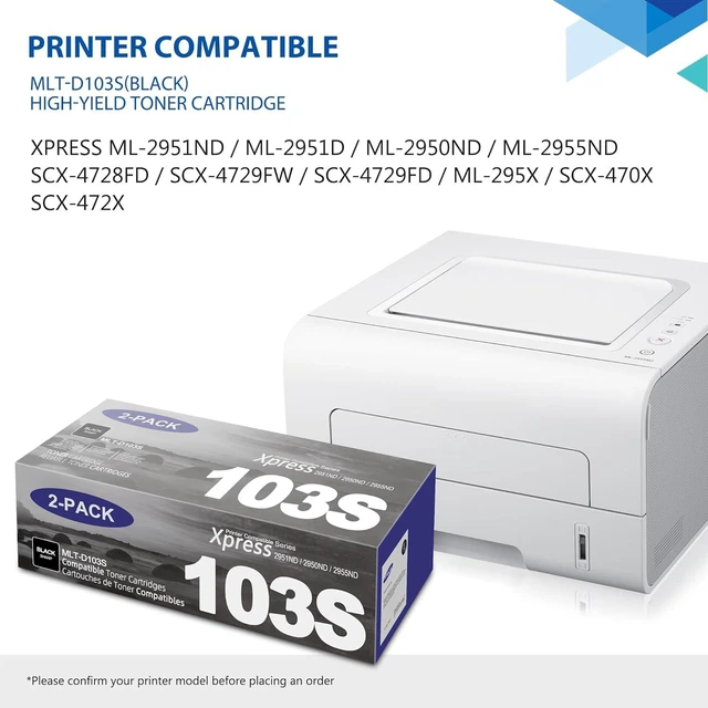 Alt view image 3 of 7 - MLT-D103S Toner Cartridge 2-Pack Replacement for Samsung D103S 103S Toner ML-2951ND ML-2951D ML-2950ND ML-2955ND ML-2955DW SCX-4728FD SCX-4729FW SCX-4729FD ML-295x SCX-470x SCX-472x Printer Ink Black