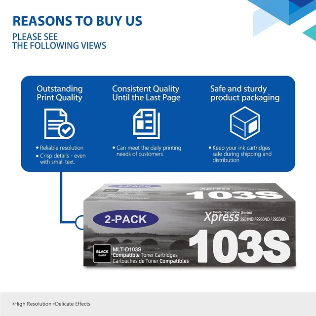 Alt view image 6 of 7 - MLT-D103S Toner Cartridge 2-Pack Replacement for Samsung D103S 103S Toner ML-2951ND ML-2951D ML-2950ND ML-2955ND ML-2955DW SCX-4728FD SCX-4729FW SCX-4729FD ML-295x SCX-470x SCX-472x Printer Ink Black