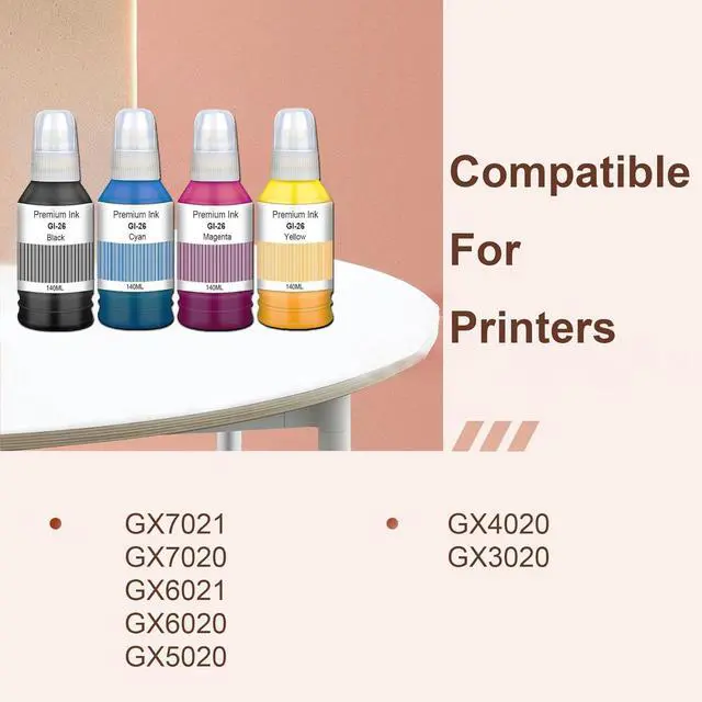 Alt view image 4 of 7 - GI-26 GI26 Ink Refill Bottles Replacement for Canon GI-26 GI26 Ink GX3020 GX4020 GX5020 GX6020 GX6021 GX7020 GX7021 Printer (4-Pack Black Cyan Magenta Yellow)
