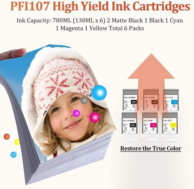 Alt view image 3 of 7 - INK+ 6Pcs Ink Cartridges Replacement for Canon PFI-107,Work with ImagePROGRAF IPF670 IPF680 IPF685 IPF770 IPF780 IPF785(2MBK,1BK,1C,1M,1Y),Matte Black,Black,Cyan,Magenta,Yellow