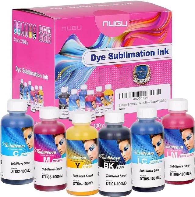 Main image of NUGU 6 X 100ml Sublimation Ink, High Density Professional Dye Sublimation Ink, Made by in Korea, for Inkjet Printers, Heat Transfer on Mugs, t-Shirts, Phone Case etc. (6 Color) Refill Bottles Set