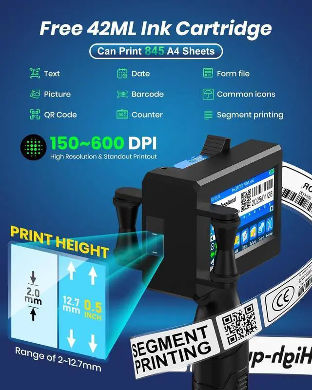 Alt view image 4 of 7 - Portable Handheld Inkjet Printer Gun-0.5 Inch Nozzle for Logo/Batch Number/QR Code on Any Surface (Metal,Wood,Glass,Cloth,Carton) with Quick-Drying Ink & Multi-Language Support
