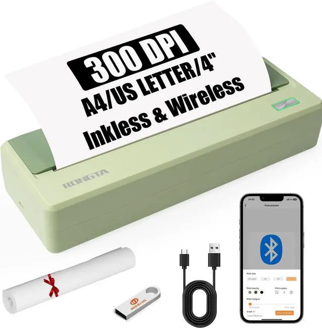 Main image of Portable Wireless Printer for Travel, Inkless Support 8.5" X 11" US Letter & Legal, A4 & A5 Thermal Paper, Compatible With Android/iOS & Laptop for Home Use (Avocado Green)