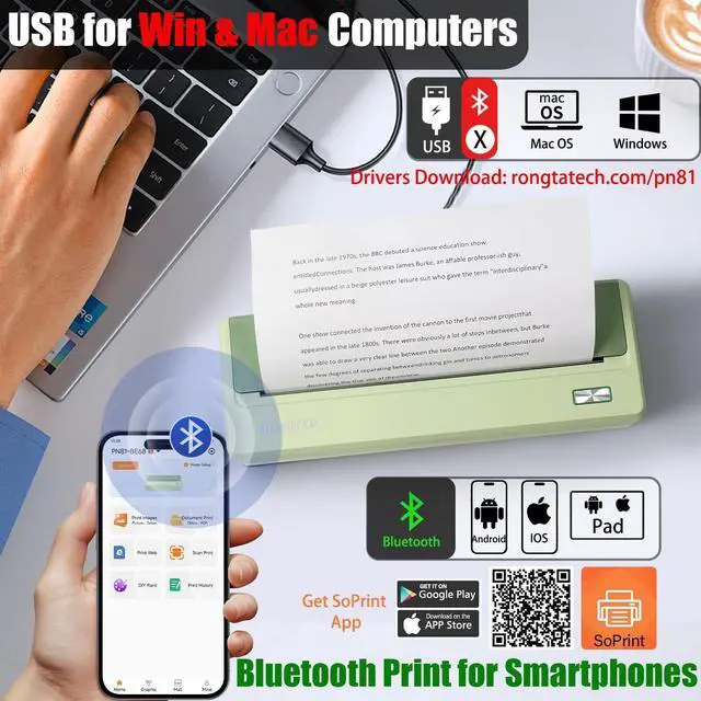 Alt view image 3 of 7 - Portable Wireless Printer for Travel, Inkless Support 8.5" X 11" US Letter & Legal, A4 & A5 Thermal Paper, Compatible With Android/iOS & Laptop for Home Use (Avocado Green)