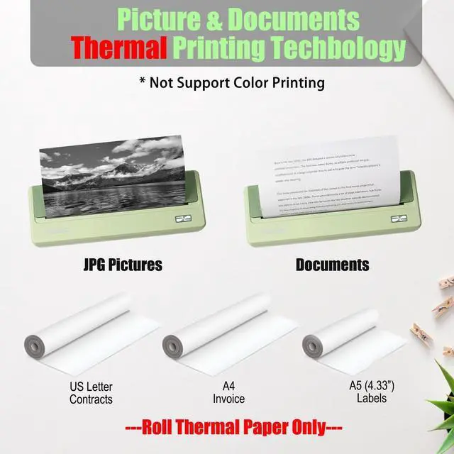 Alt view image 5 of 7 - Portable Wireless Printer for Travel, Inkless Support 8.5" X 11" US Letter & Legal, A4 & A5 Thermal Paper, Compatible With Android/iOS & Laptop for Home Use (Avocado Green)
