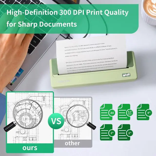 Alt view image 7 of 7 - Portable Wireless Printer for Travel, Inkless Support 8.5" X 11" US Letter & Legal, A4 & A5 Thermal Paper, Compatible With Android/iOS & Laptop for Home Use (Avocado Green)