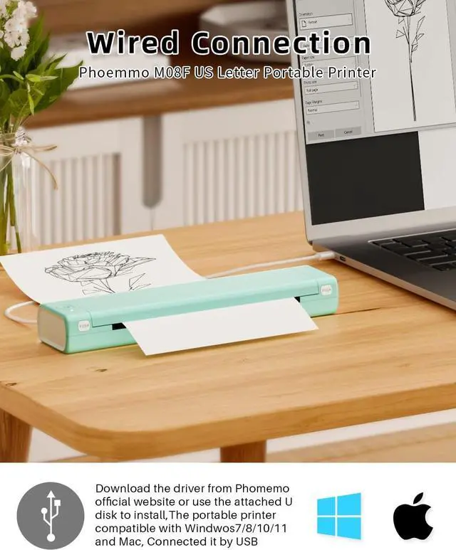Alt view image 6 of 7 - Phomemo M08F Portable Printers Wireless for Travel, Support 8.5" X 11" US Letter,Bluetooth Thermal Printer Compatible with iOS, Android, Laptop, Inkless Mobile Printer for Travel, Office, Home, Cyan